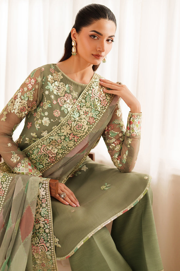 Muted Olive Green: Embroidered Chiffon Suit With Malai Crepe Trouser | Ready To Wear