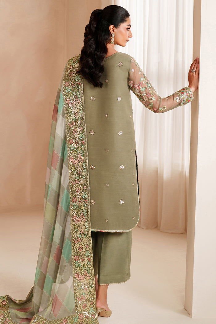 Muted Olive Green: Embroidered Chiffon Suit With Malai Crepe Trouser | Ready To Wear