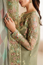 Muted Olive Green: Embroidered Chiffon Suit With Malai Crepe Trouser | Ready To Wear