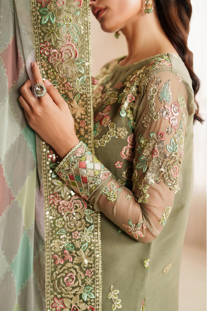 Muted Olive Green: Embroidered Chiffon Suit With Malai Crepe Trouser | Ready To Wear
