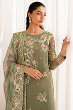 Muted Olive Green: Embroidered Chiffon Suit With Malai Crepe Trouser | Ready To Wear