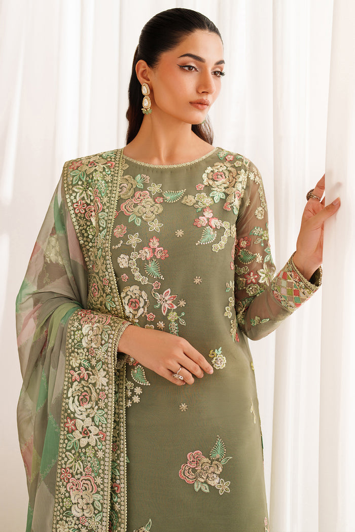 Muted Olive Green: Embroidered Chiffon Suit With Malai Crepe Trouser | Ready To Wear
