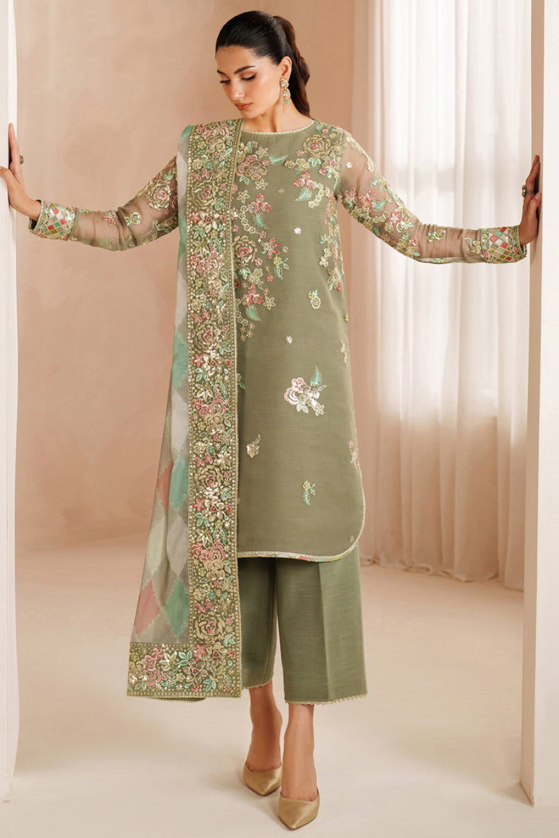 Muted Olive Green: Embroidered Chiffon Suit With Malai Crepe Trouser | Ready To Wear