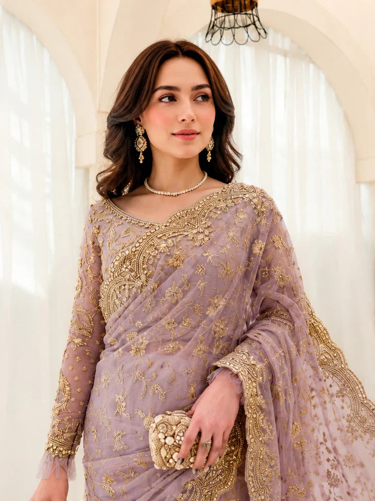 The Gilded Lilac: Heavy Gold Embroidered Drape Saree