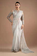 Pearl White & Metallic Silver: Net Saree With Heavy Embroidered Blouse | Ready To Wear