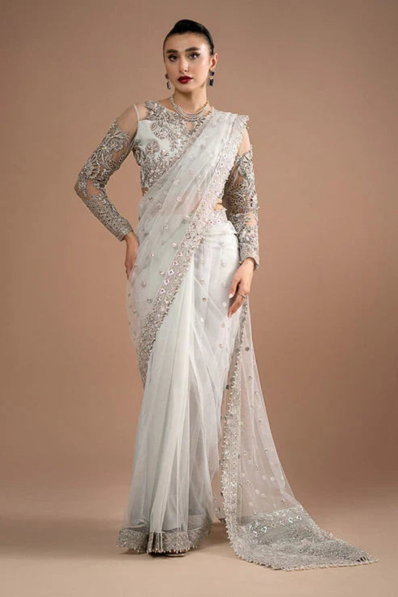 Pearl White & Metallic Silver: Net Saree With Heavy Embroidered Blouse | Ready To Wear