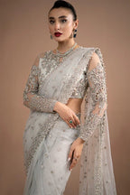 Pearl White & Metallic Silver: Net Saree With Heavy Embroidered Blouse | Ready To Wear