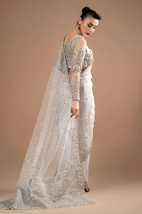 Pearl White & Metallic Silver: Net Saree With Heavy Embroidered Blouse | Ready To Wear