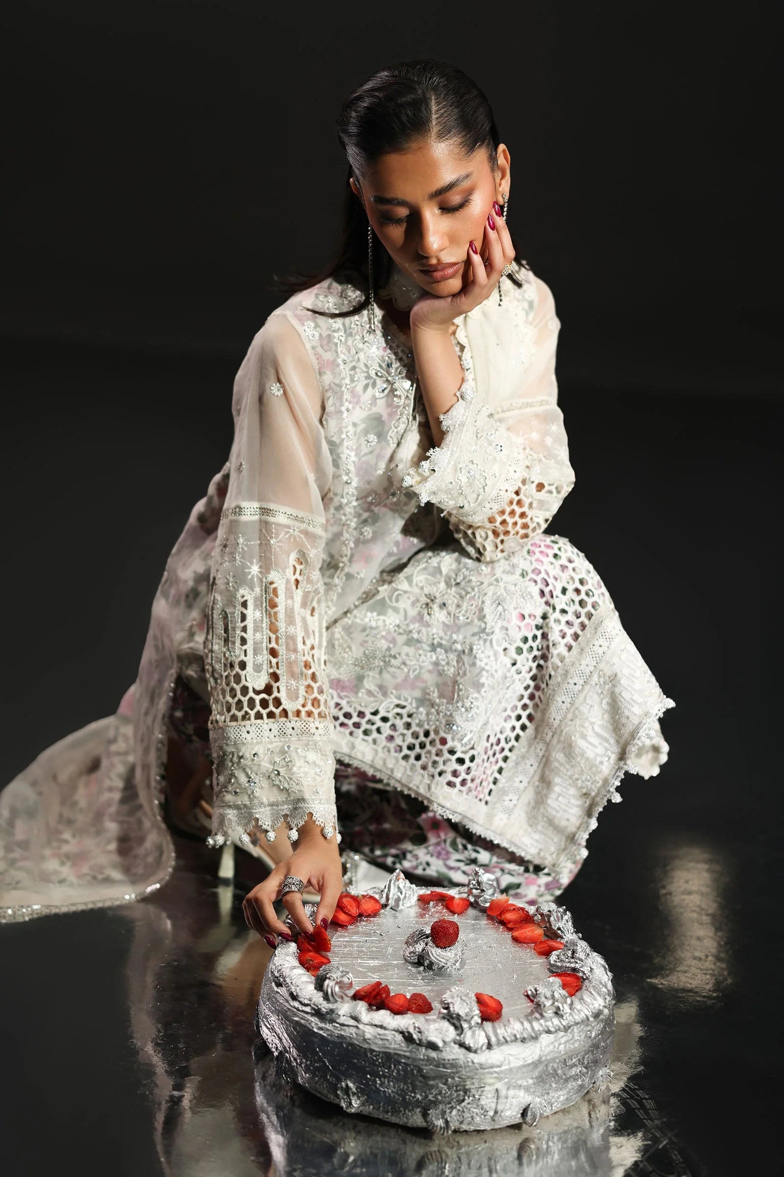 Icy White & Soft Floral Accent: Embroidered Organza Suit | Ready To Wear