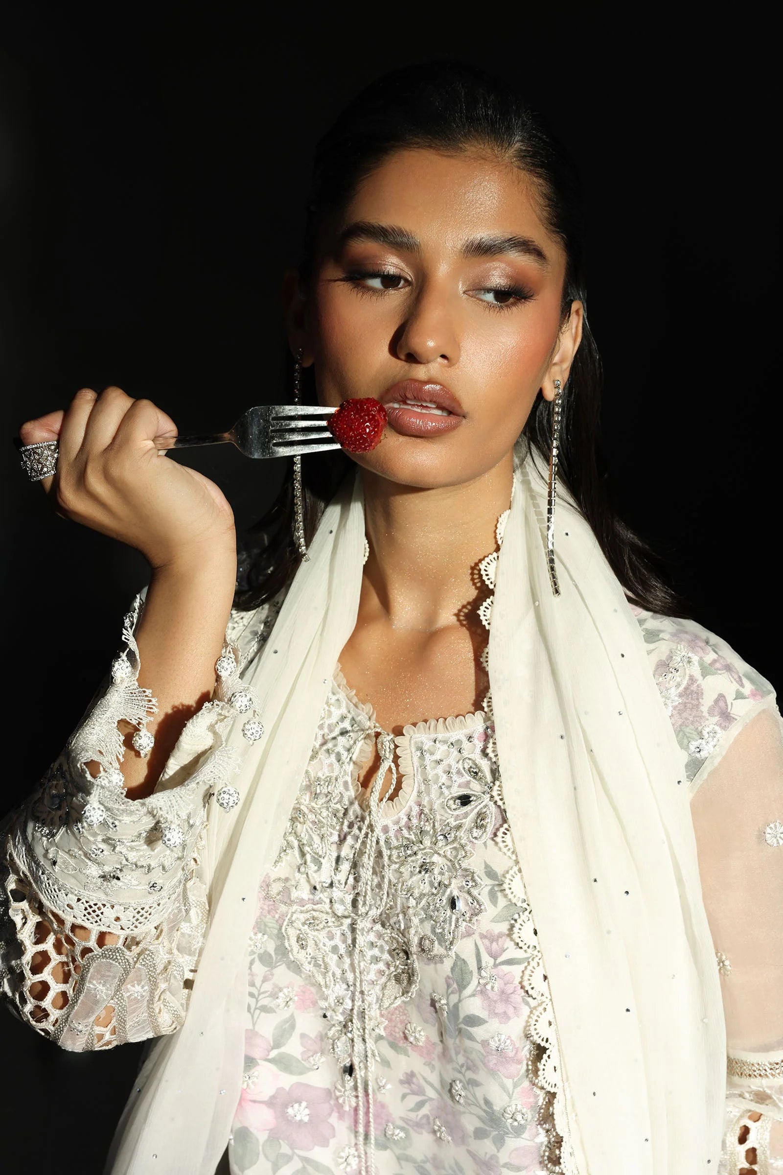 Icy White & Soft Floral Accent: Embroidered Organza Suit | Ready To Wear