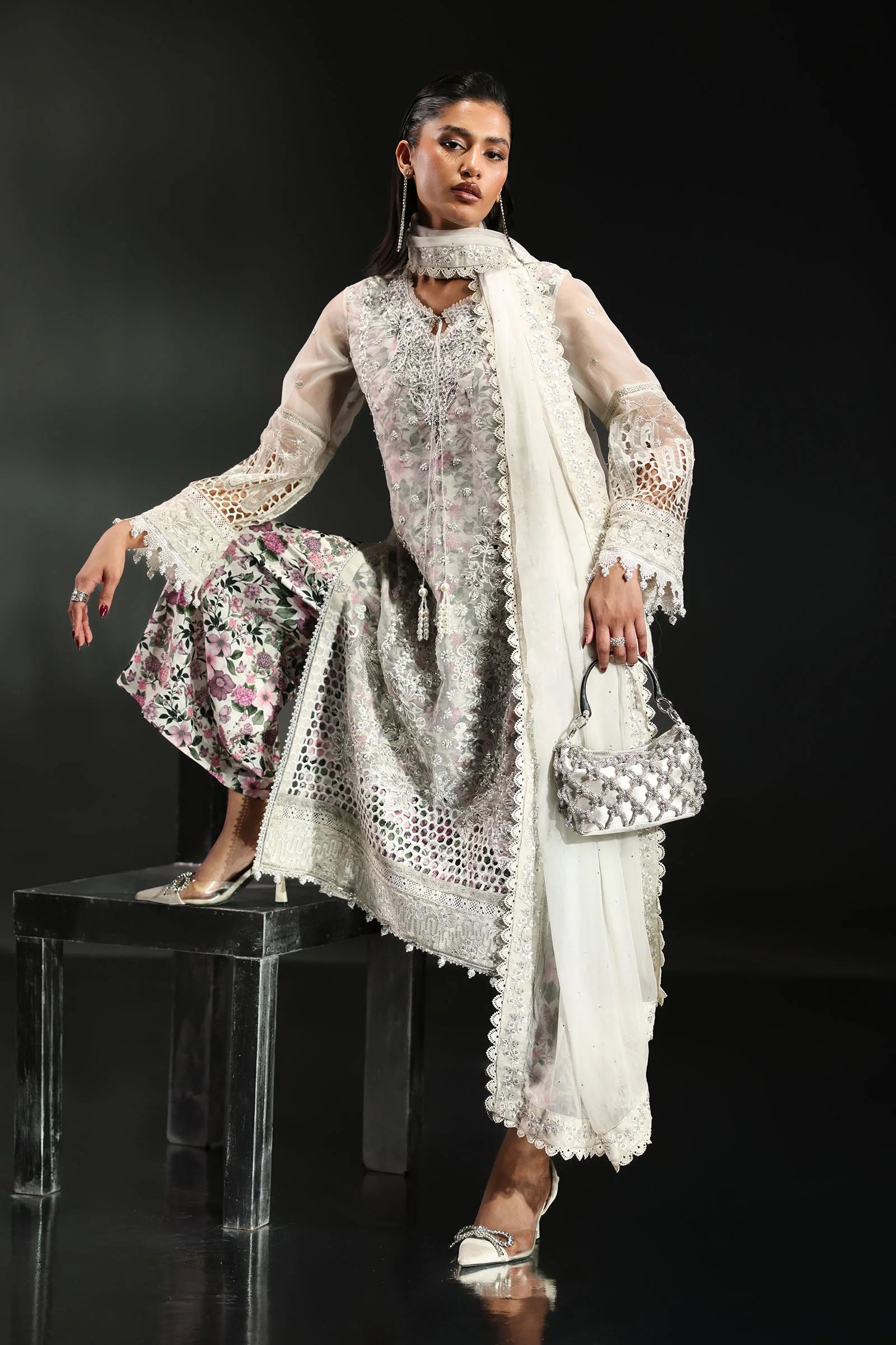 Icy White & Soft Floral Accent: Embroidered Organza Suit | Ready To Wear