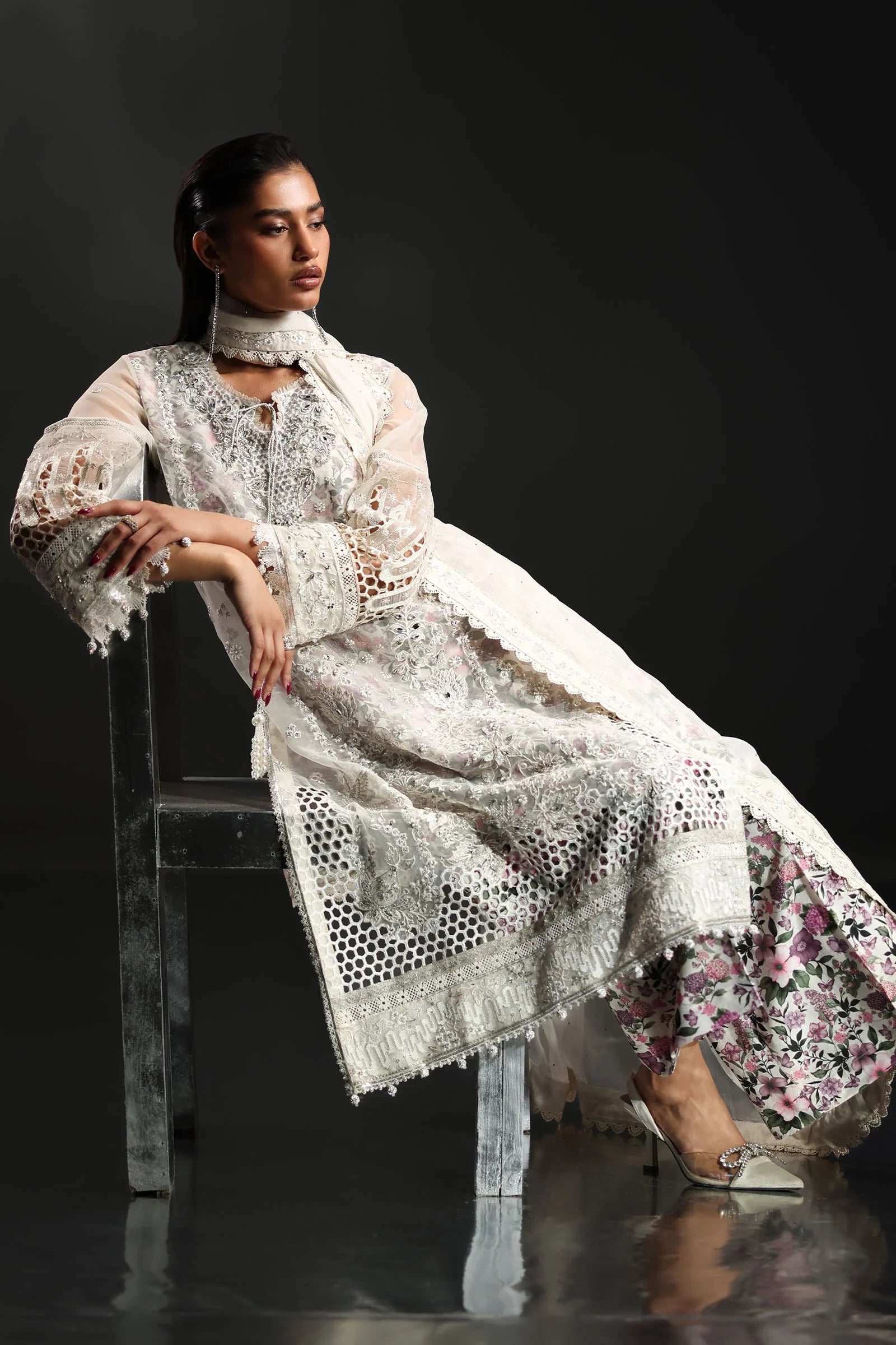 Icy White & Soft Floral Accent: Embroidered Organza Suit | Ready To Wear