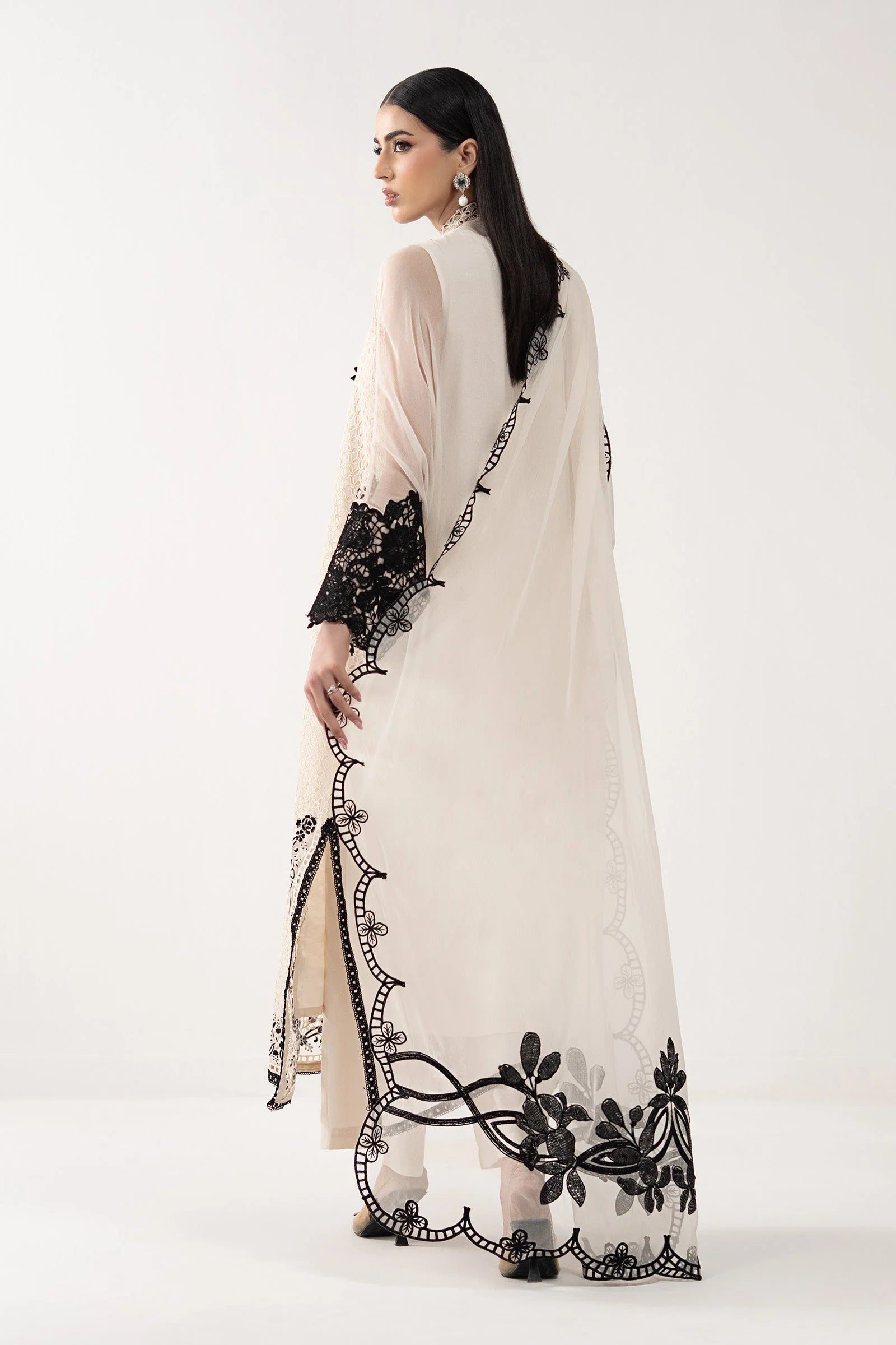 Cream Ivory Chiffon Suit With Jet Black Embroidery | Ready To Wear