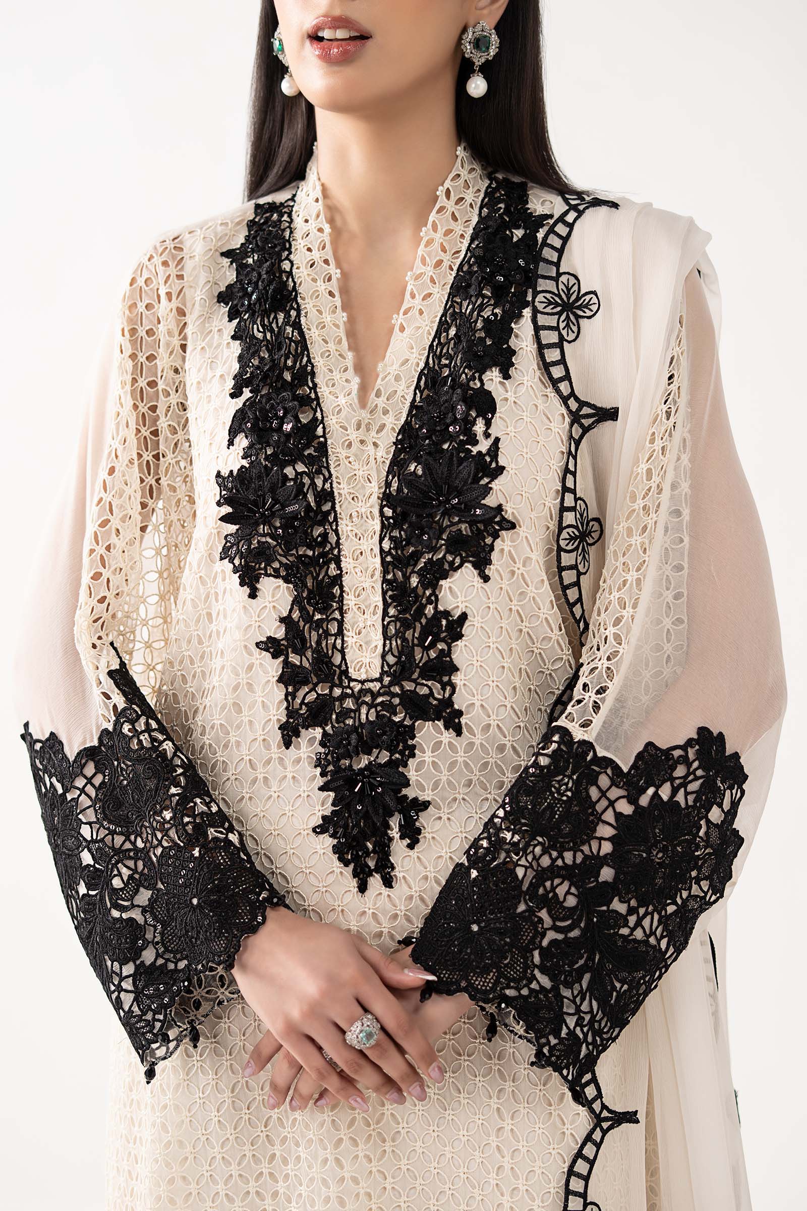 Cream Ivory Chiffon Suit With Jet Black Embroidery | Ready To Wear