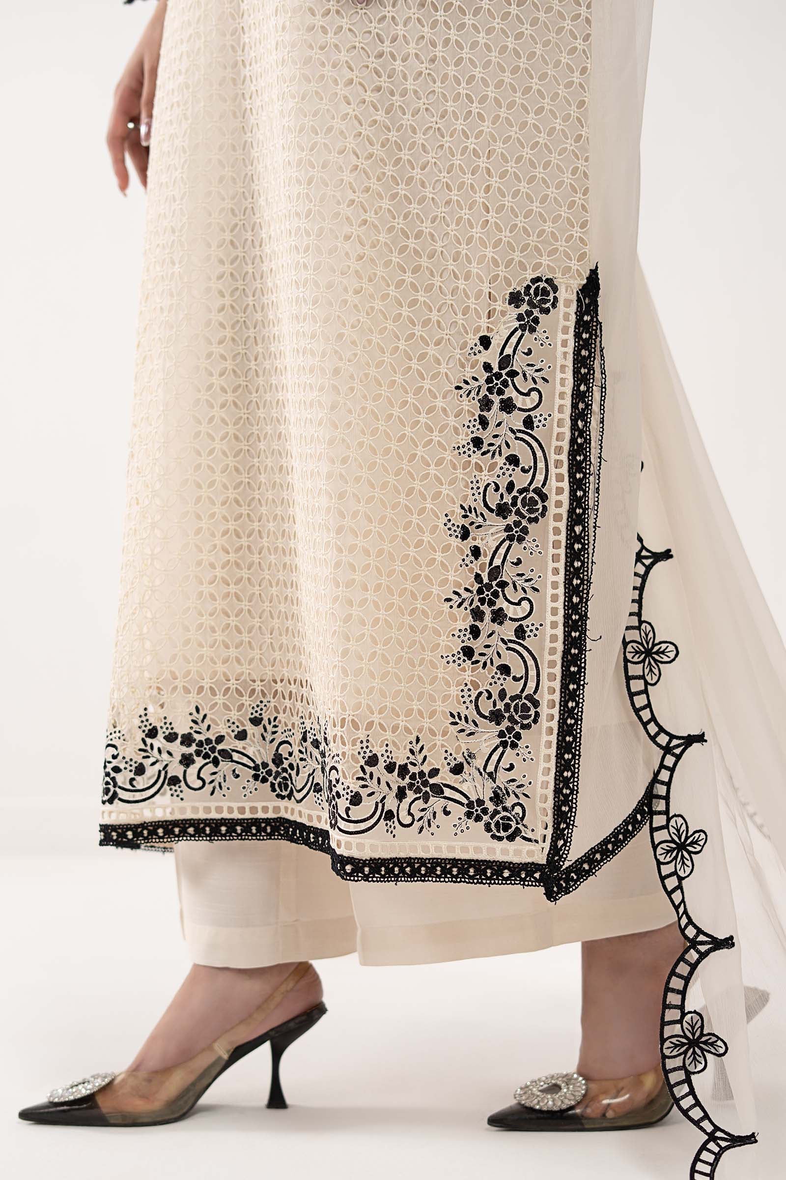 Cream Ivory Chiffon Suit With Jet Black Embroidery | Ready To Wear