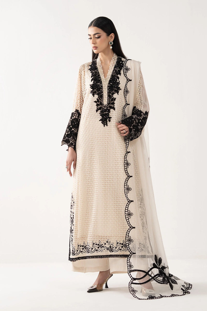 Cream Ivory Chiffon Suit With Jet Black Embroidery | Ready To Wear