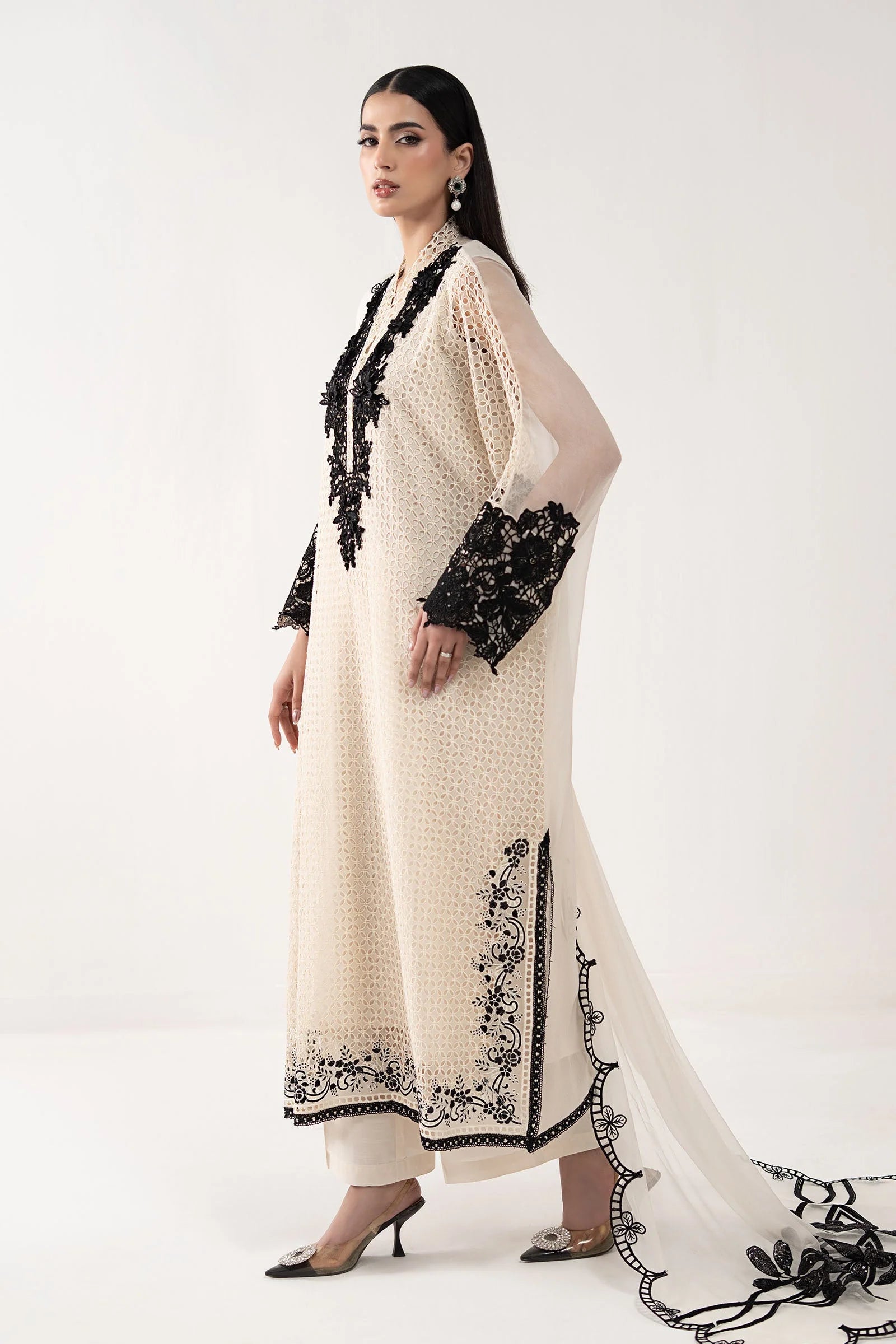 Cream Ivory Chiffon Suit With Jet Black Embroidery | Ready To Wear