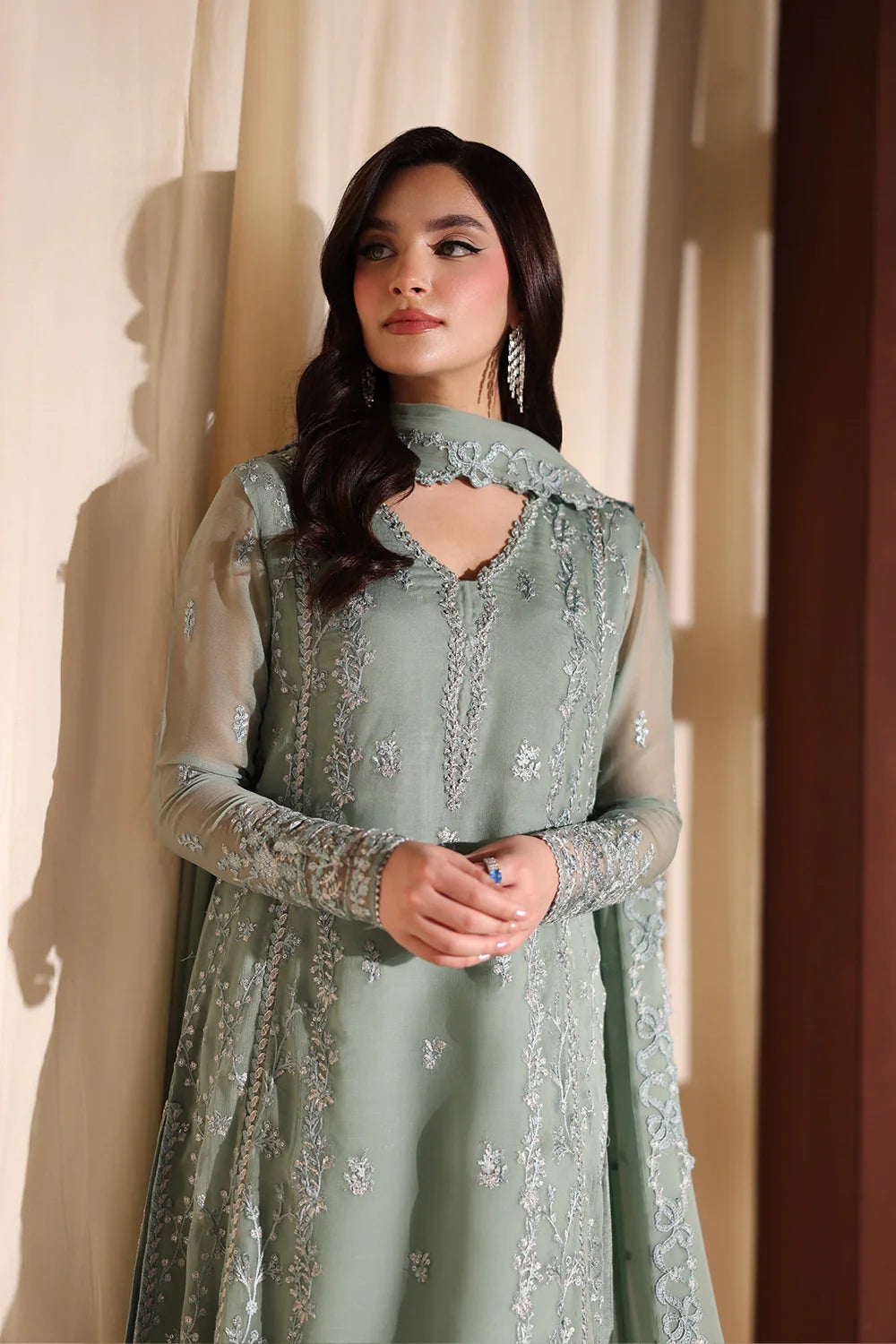 The Sage Whisper: Ethereal Embroidered Chiffon Suit | Ready To Wear