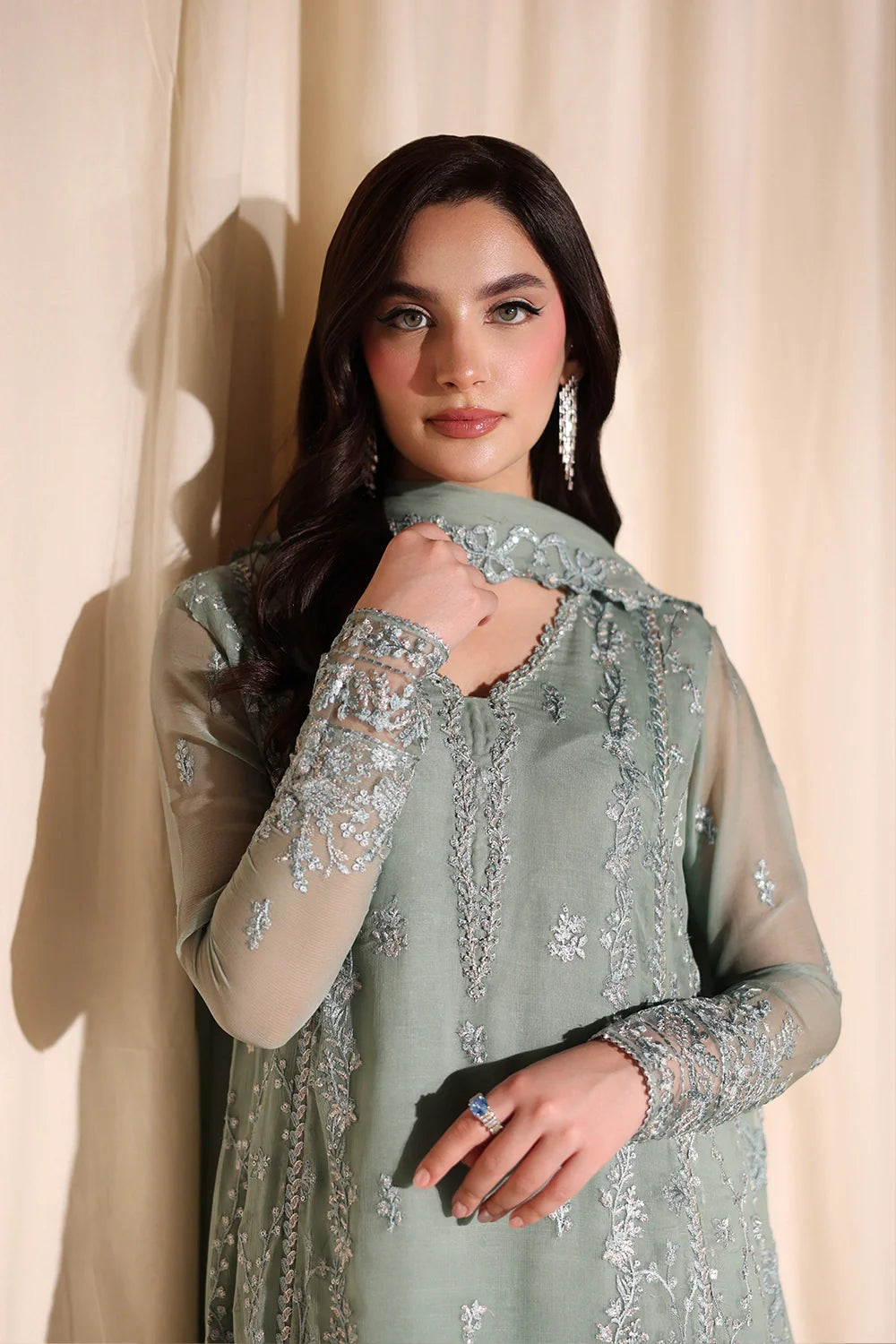 The Sage Whisper: Ethereal Embroidered Chiffon Suit | Ready To Wear