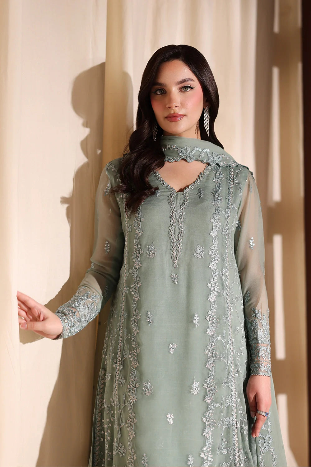 The Sage Whisper: Ethereal Embroidered Chiffon Suit | Ready To Wear
