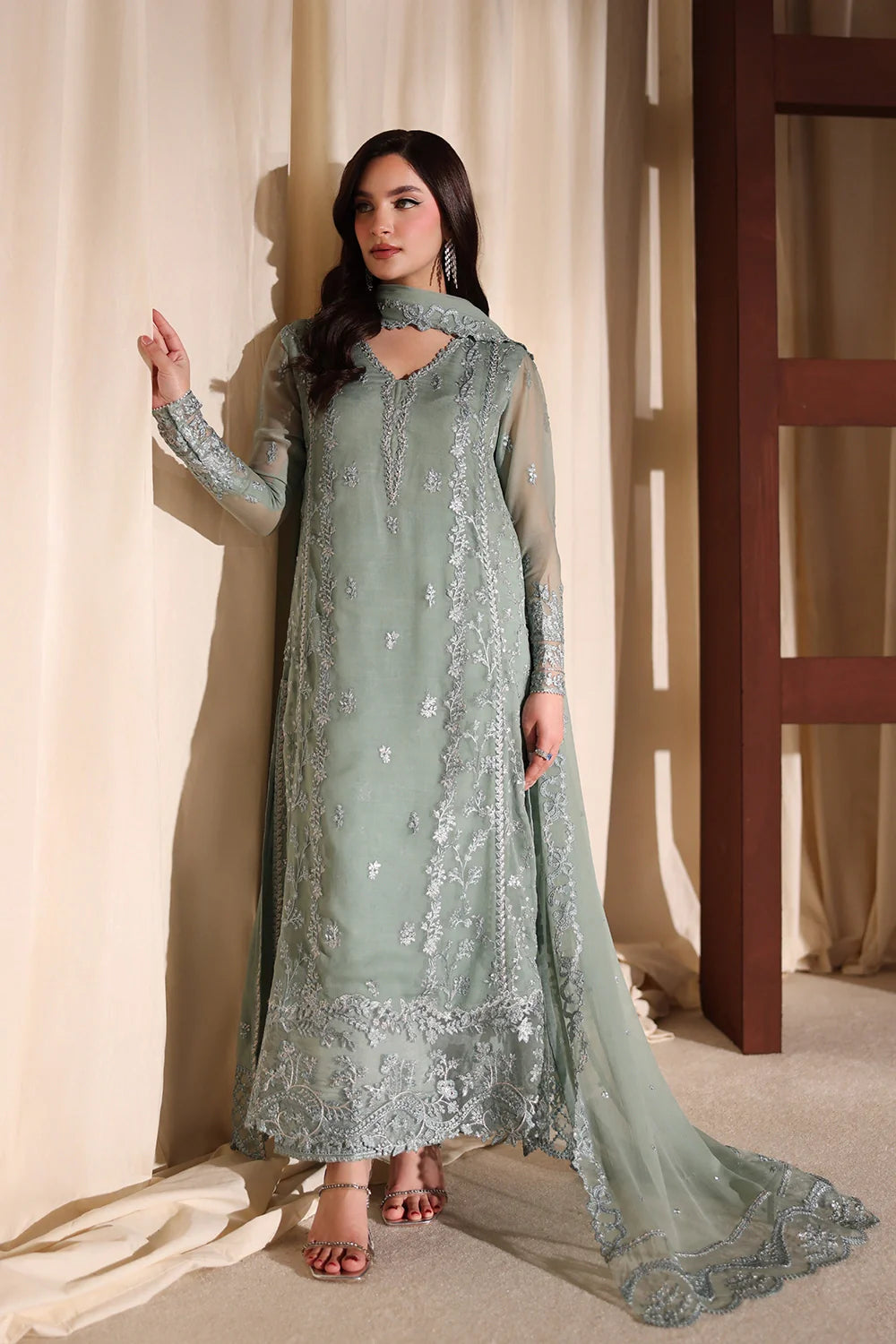 The Sage Whisper: Ethereal Embroidered Chiffon Suit | Ready To Wear