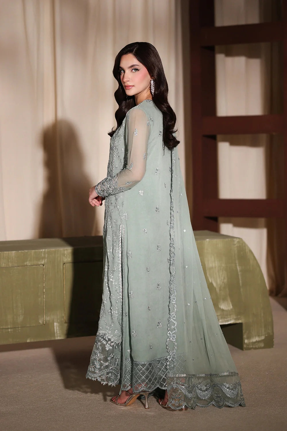 The Sage Whisper: Ethereal Embroidered Chiffon Suit | Ready To Wear