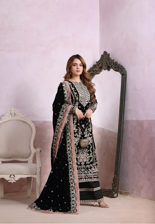 Noir Black & Silver Accent : Heavy Embroidered Velvet Suit With Chiffon Dupatta | Ready To Wear