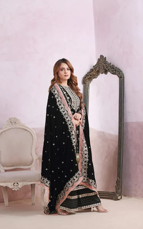 Noir Black & Silver Accent : Heavy Embroidered Velvet Suit With Chiffon Dupatta | Ready To Wear