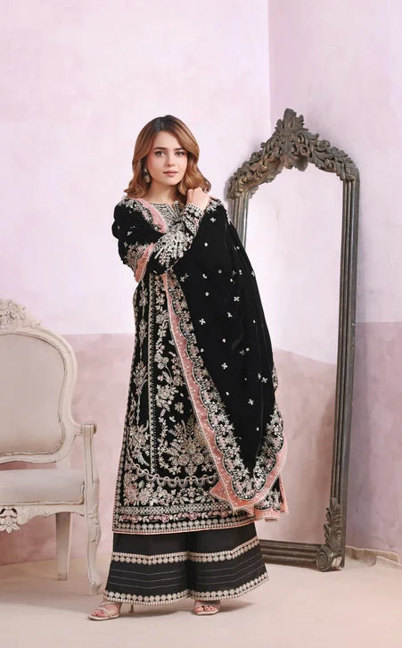 Noir Black & Silver Accent : Heavy Embroidered Velvet Suit With Chiffon Dupatta | Ready To Wear