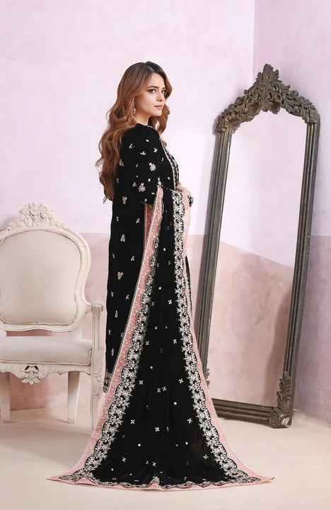 Noir Black & Silver Accent : Heavy Embroidered Velvet Suit With Chiffon Dupatta | Ready To Wear
