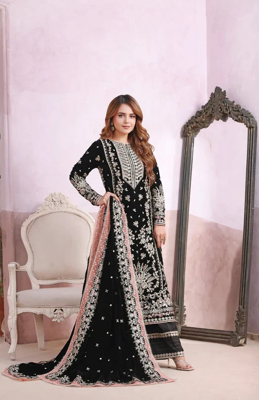 Noir Black & Silver Accent : Heavy Embroidered Velvet Suit With Chiffon Dupatta | Ready To Wear