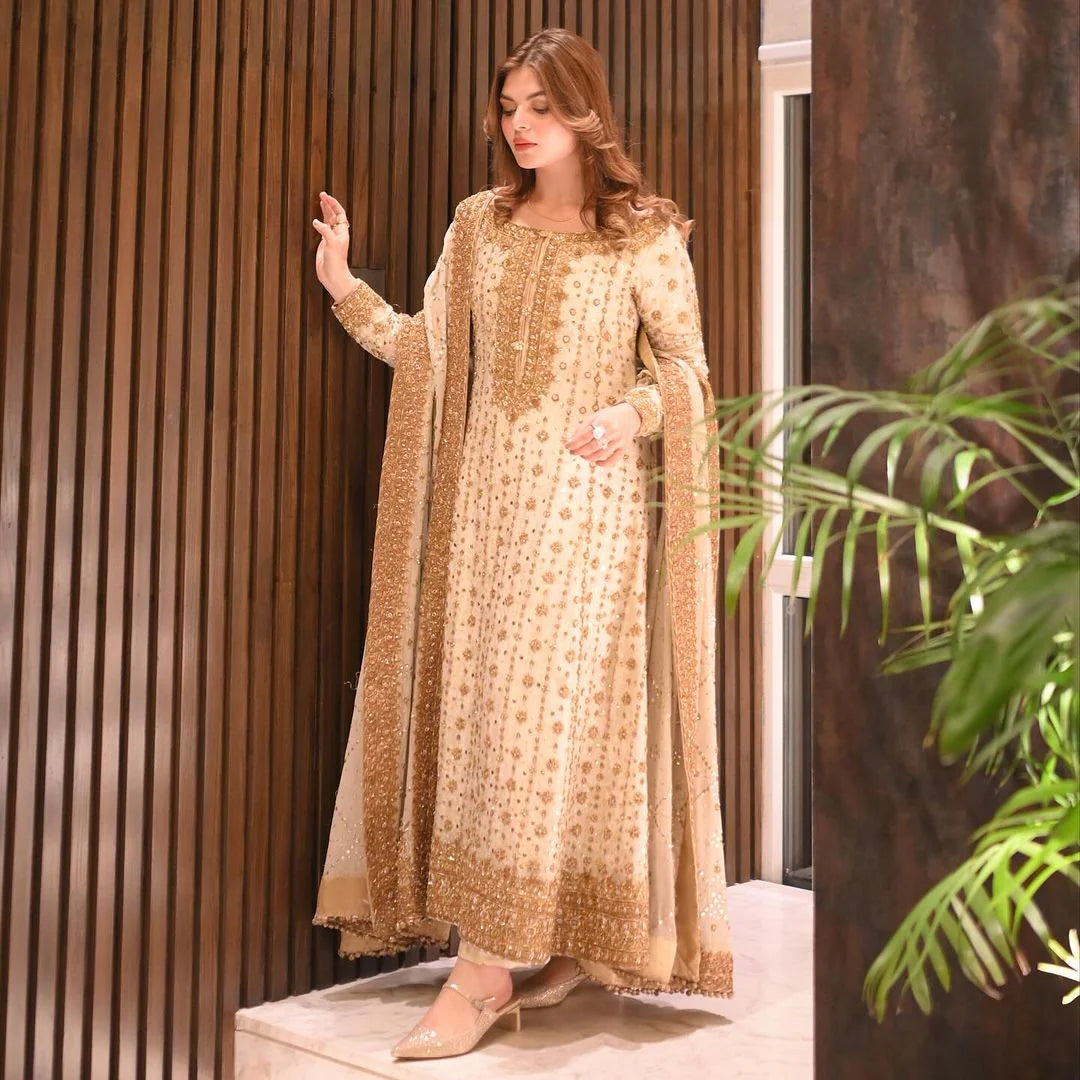 Ivory Glimmer: Embroidered Chiffon Suit | Ready To Wear