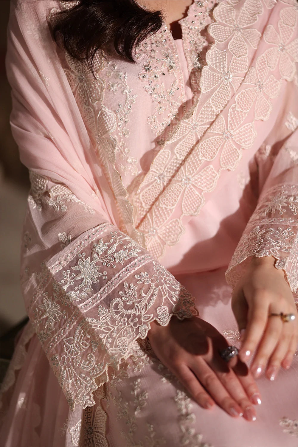 Soft Rose Pink: Embroidered Chiffon Suit With Malai Trouser | Ready To Wear