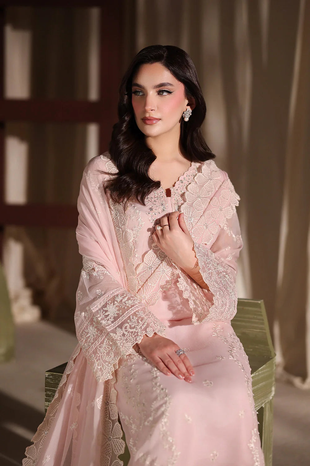 Soft Rose Pink: Embroidered Chiffon Suit With Malai Trouser | Ready To Wear