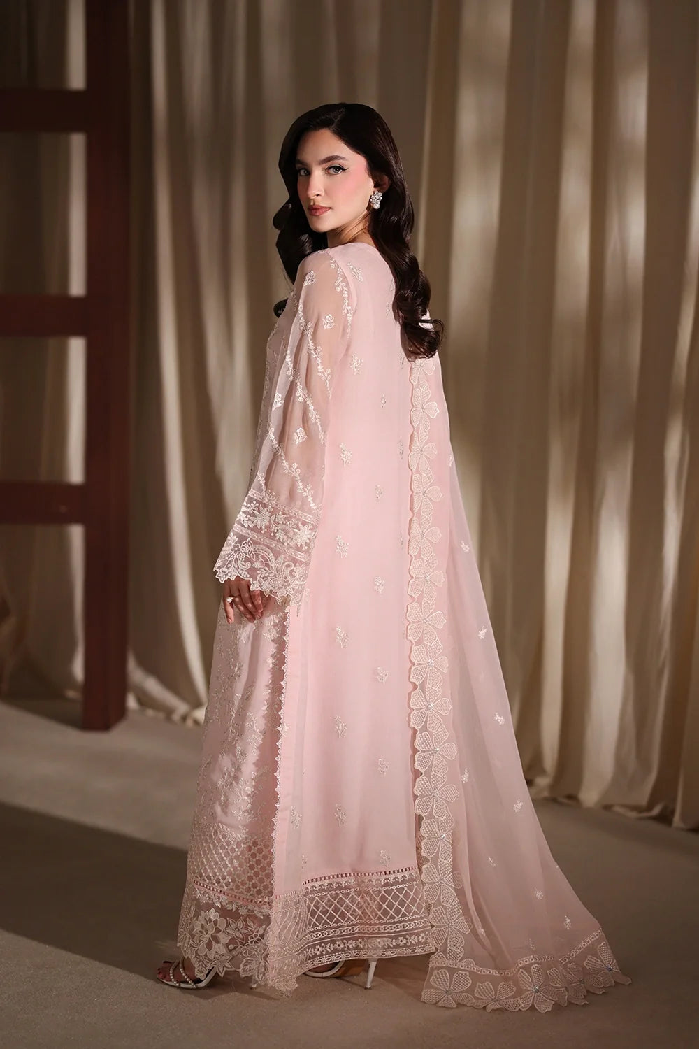 Soft Rose Pink: Embroidered Chiffon Suit With Malai Trouser | Ready To Wear