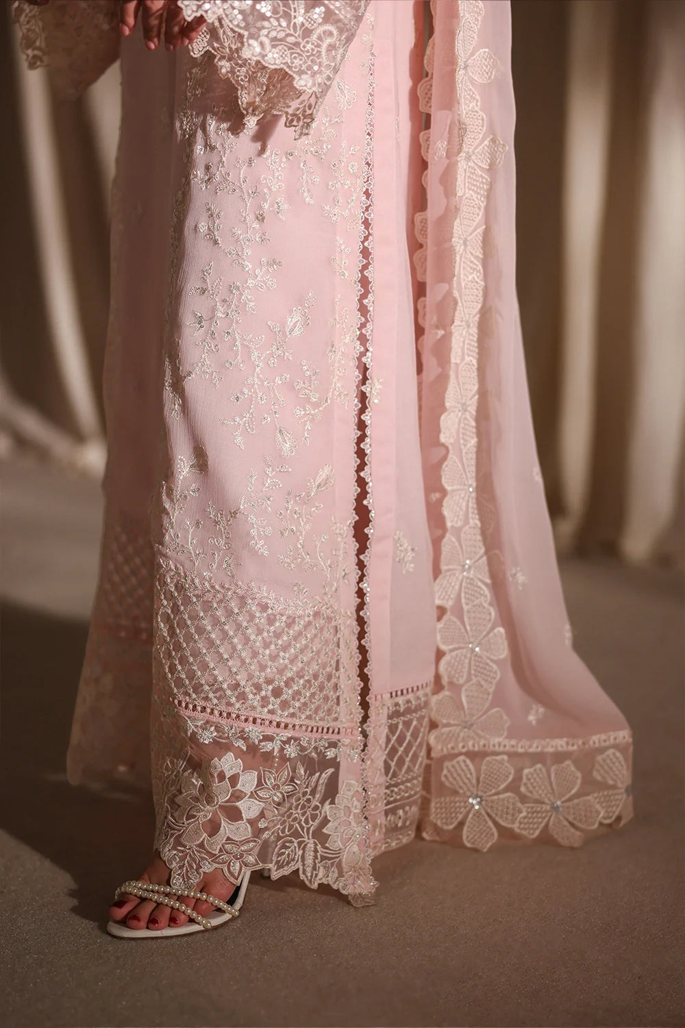 Soft Rose Pink: Embroidered Chiffon Suit With Malai Trouser | Ready To Wear