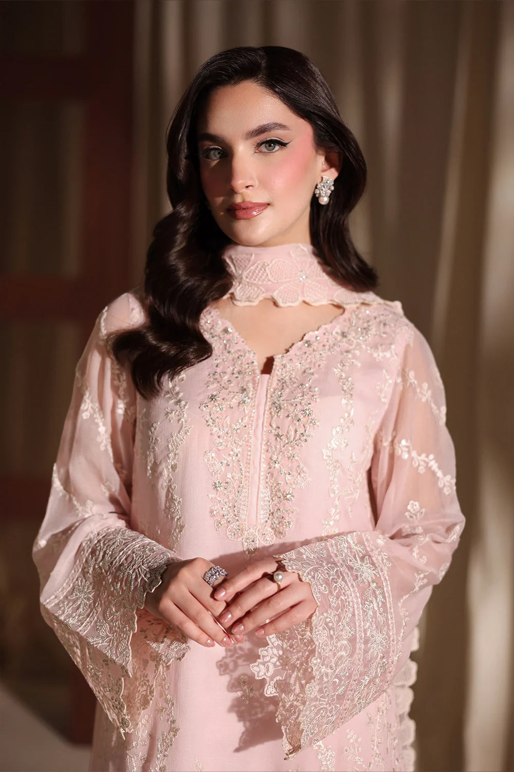 Soft Rose Pink: Embroidered Chiffon Suit With Malai Trouser | Ready To Wear