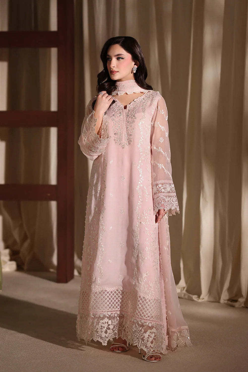 Soft Rose Pink: Embroidered Chiffon Suit With Malai Trouser | Ready To Wear