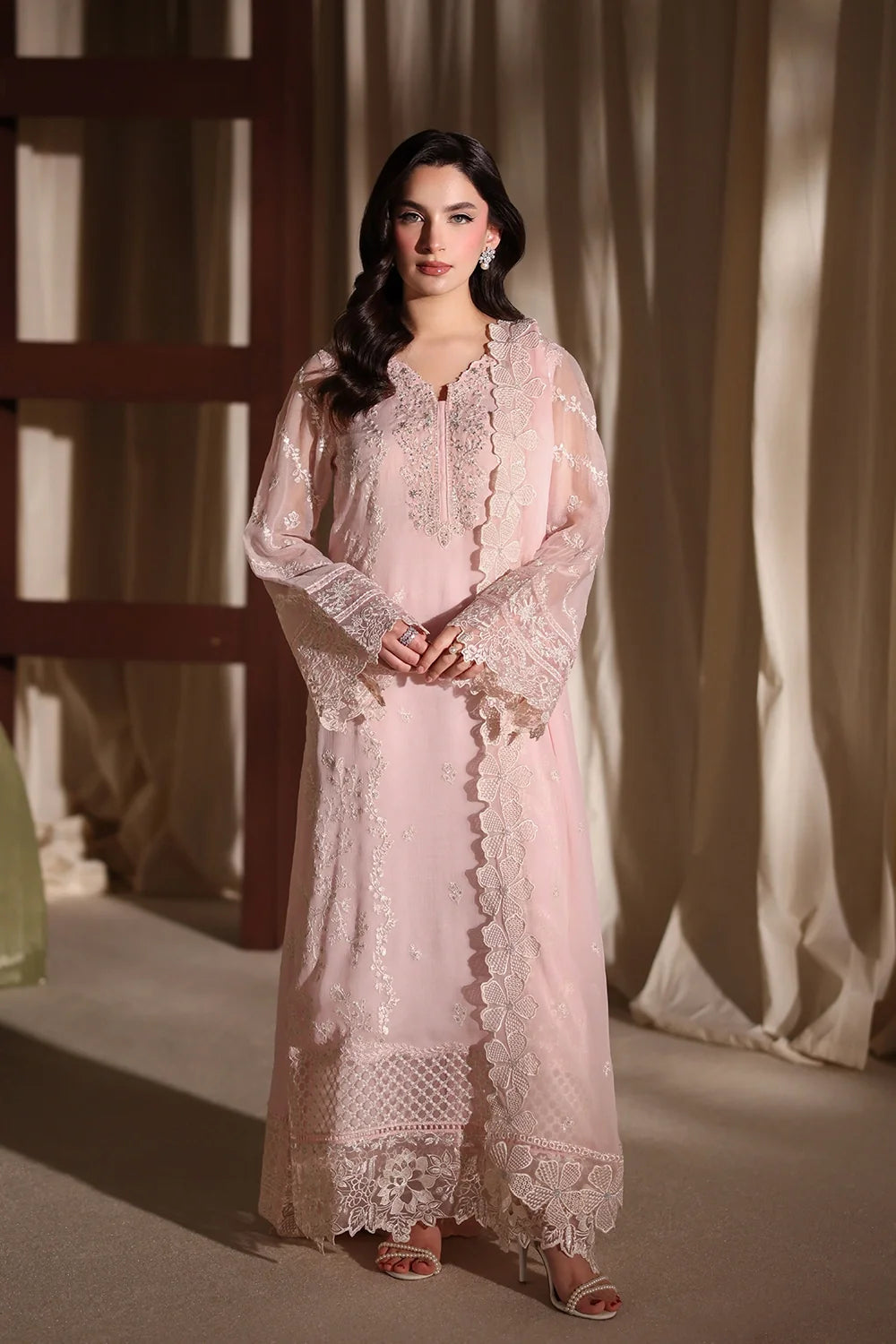 Soft Rose Pink: Embroidered Chiffon Suit With Malai Trouser | Ready To Wear