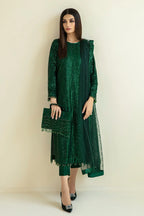 Deep Emerald Green: Embroidered Chiffon Suit With Net Dupatta | Ready To Wear