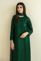 Deep Emerald Green: Embroidered Chiffon Suit With Net Dupatta | Ready To Wear