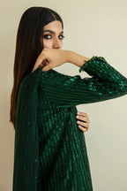 Deep Emerald Green: Embroidered Chiffon Suit With Net Dupatta | Ready To Wear