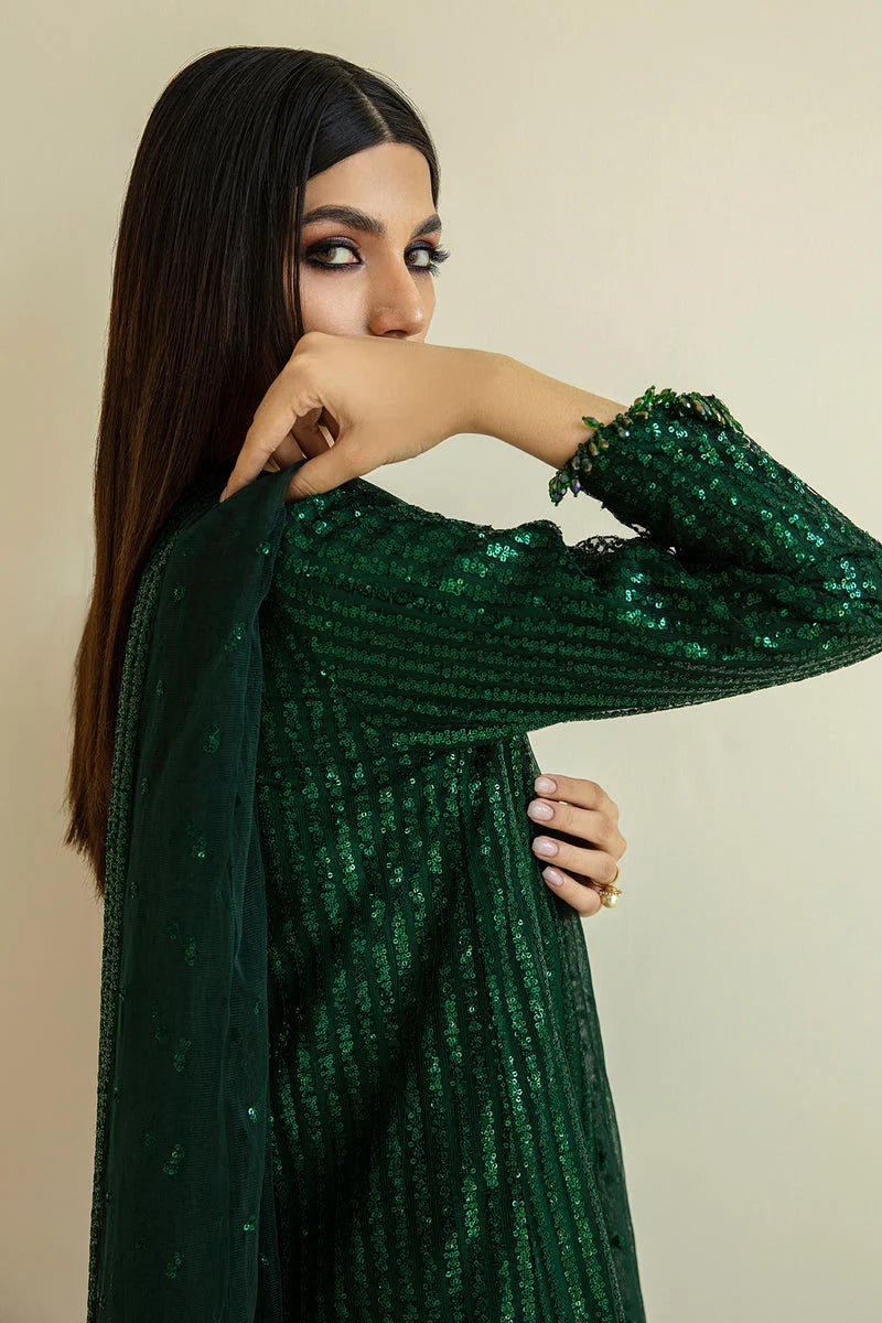 Deep Emerald Green: Embroidered Chiffon Suit With Net Dupatta | Ready To Wear