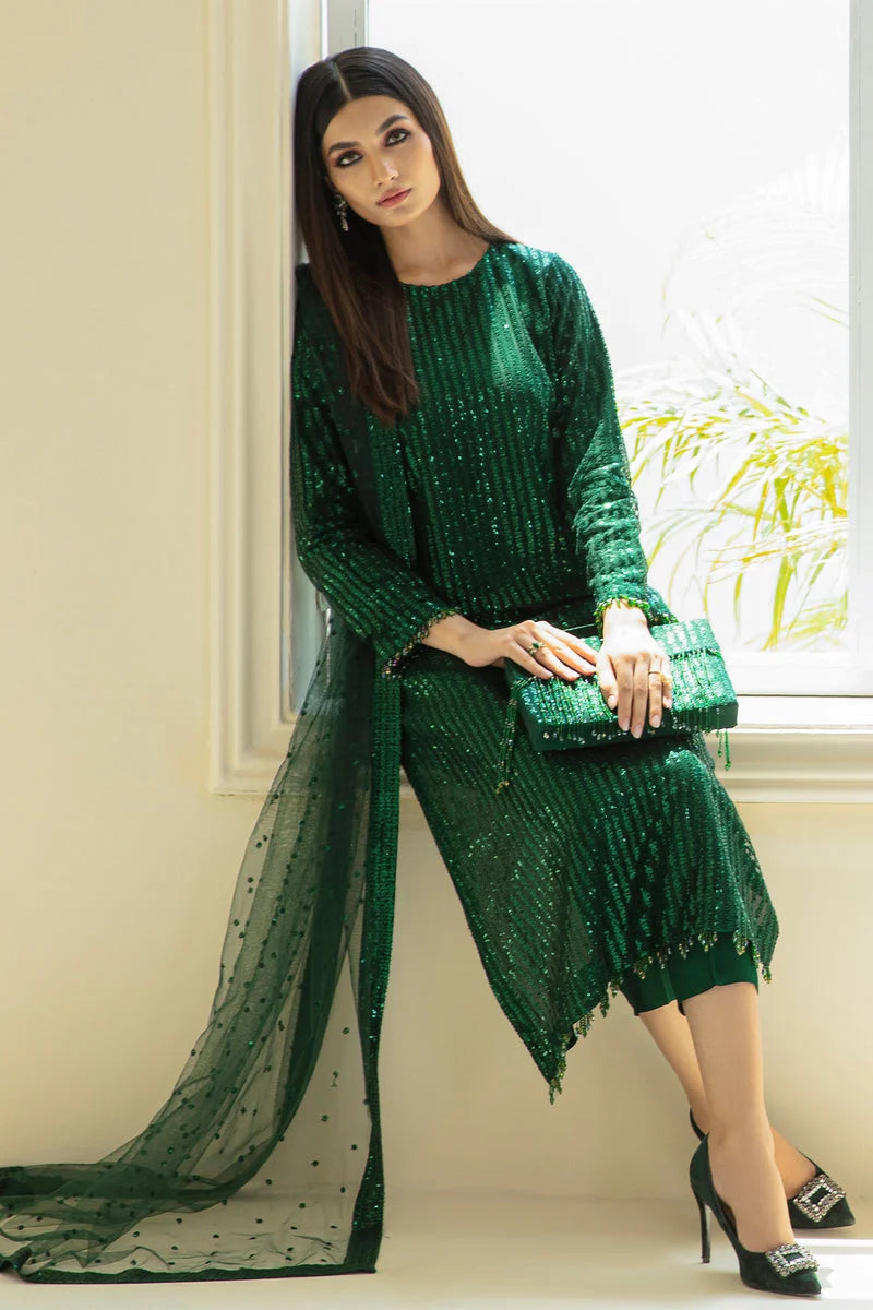 Deep Emerald Green: Embroidered Chiffon Suit With Net Dupatta | Ready To Wear