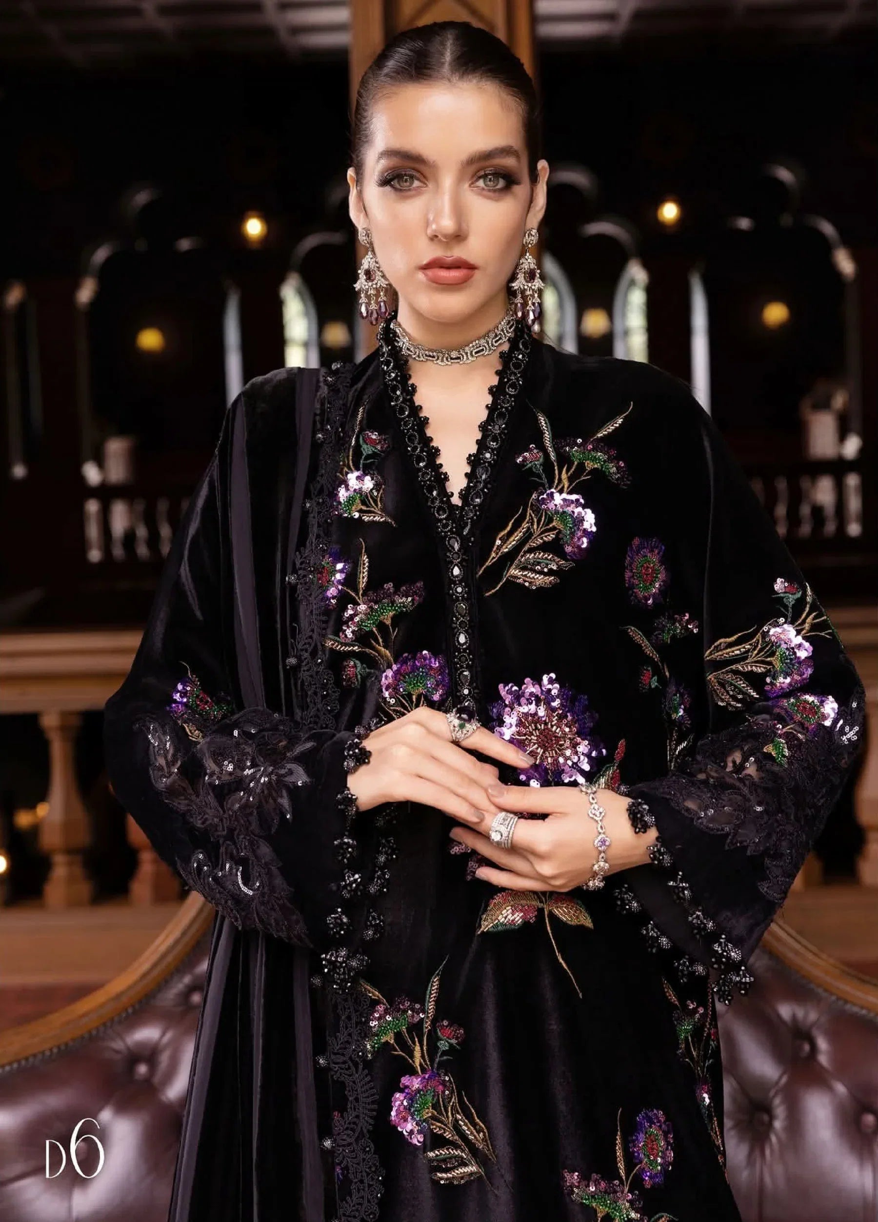 Midnight Black & Magenta Floral: Embroidered Velvet Suit | Ready To Wear