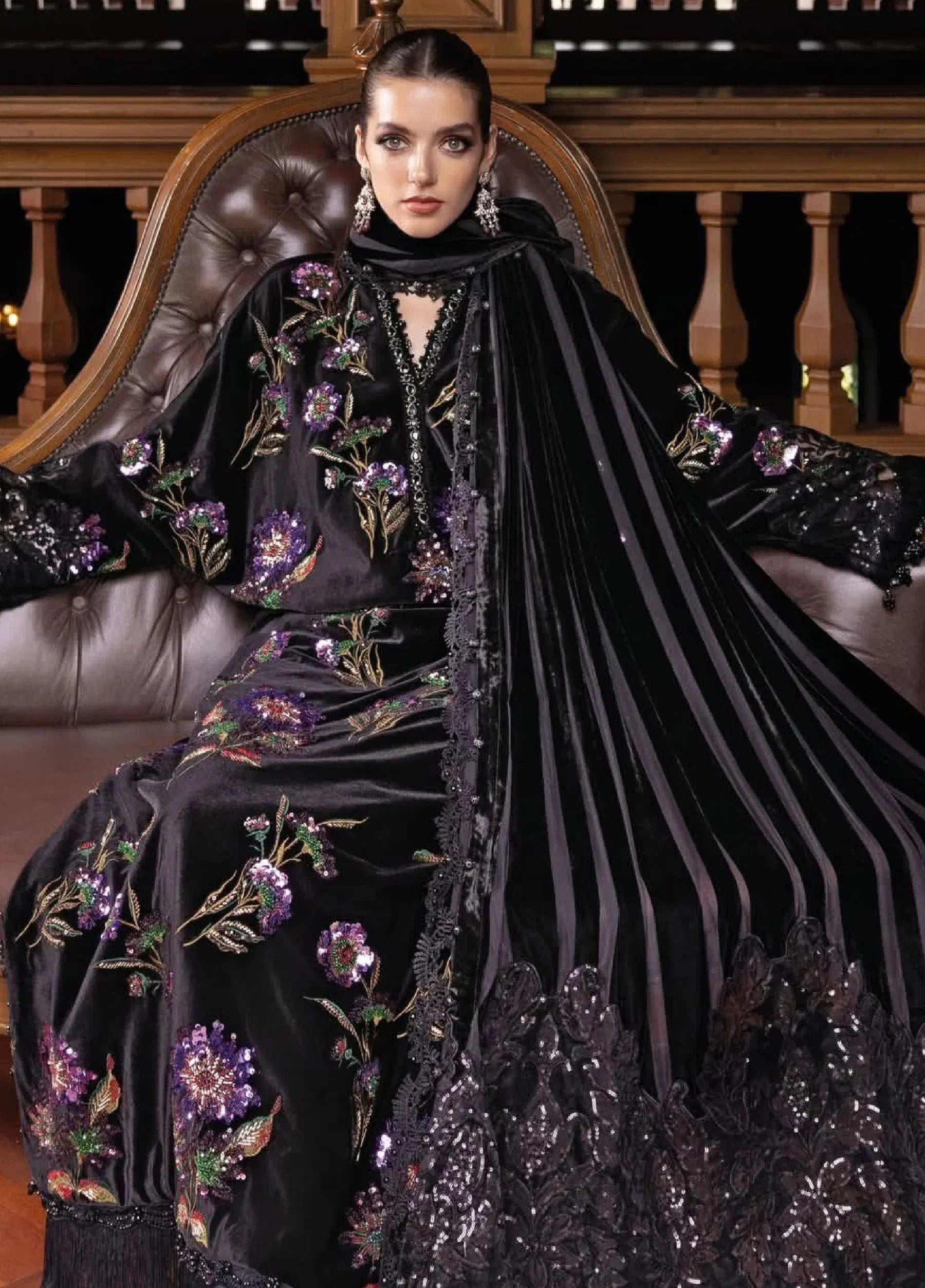 Midnight Black & Magenta Floral: Embroidered Velvet Suit | Ready To Wear