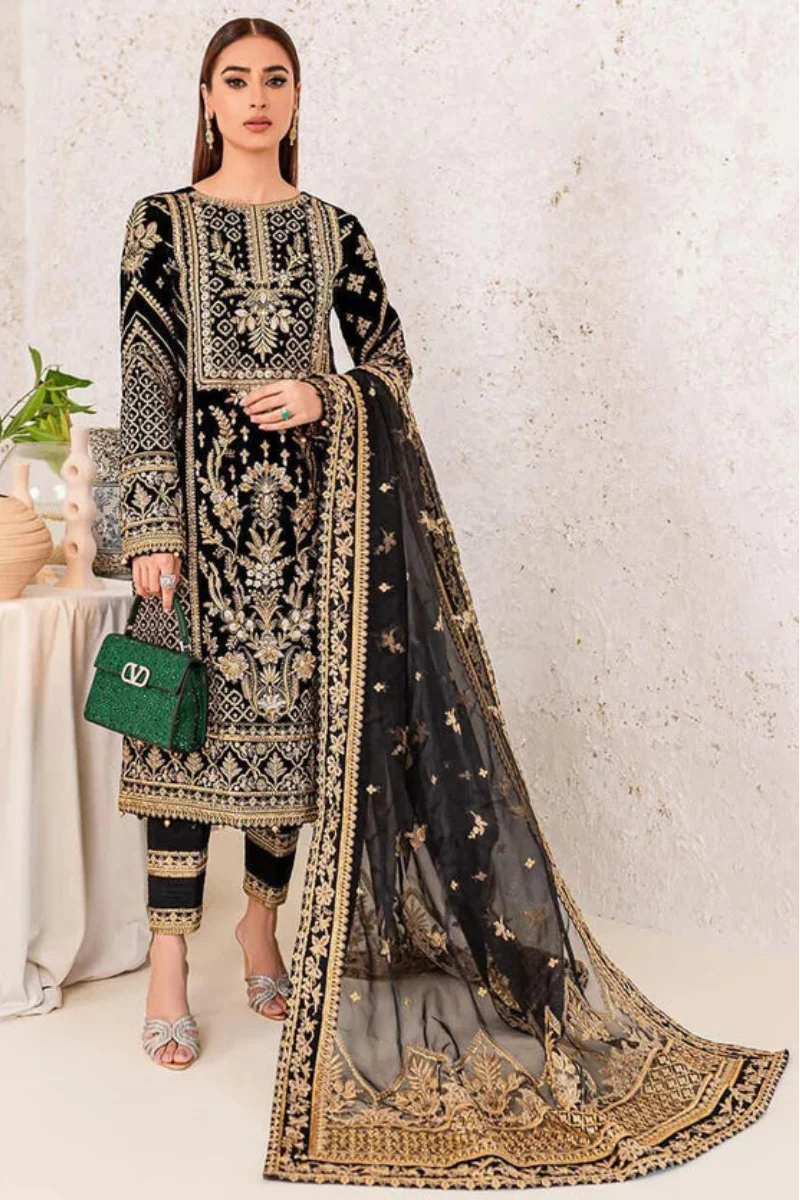 Noir Black & Gold Accent: Heavy Embroidered Velvet Suit | Ready To Wear