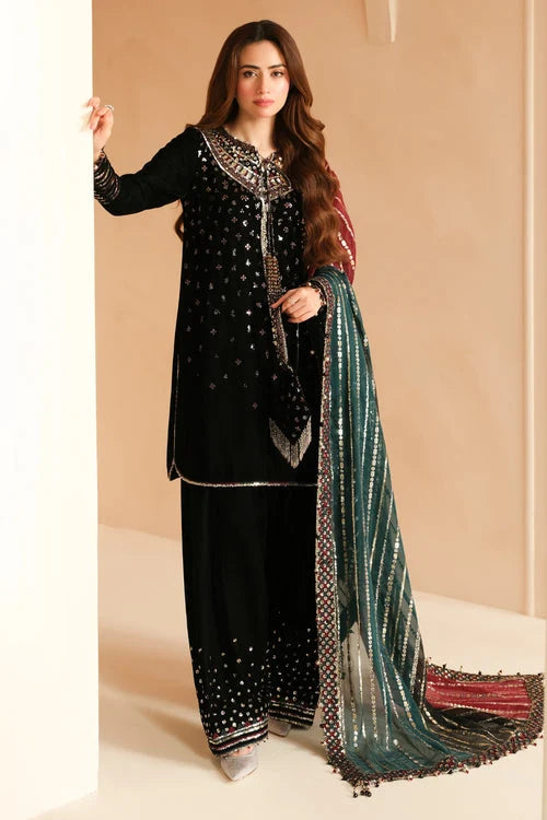 03-Piece Velvet Suit With Sequin Embroidery | Ready To Wear