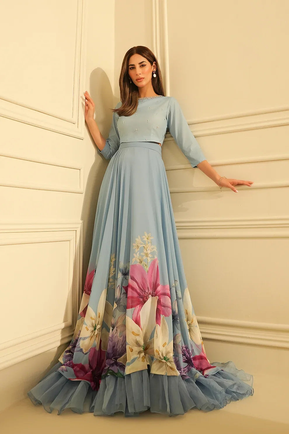 Sky Blue With Floral Printed Silk Crop Top & Skirt | Ready To Wear