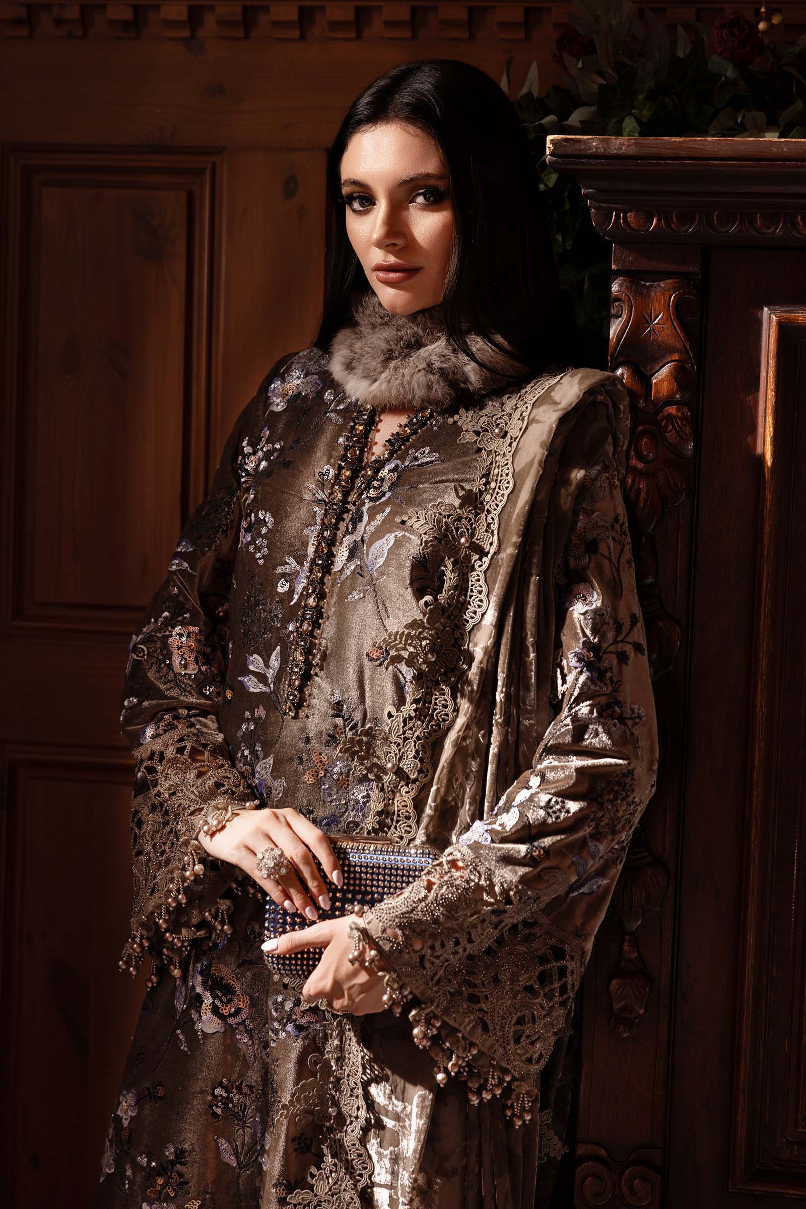 03-Piece Embroidered Velvet Suit | Ready To Wear